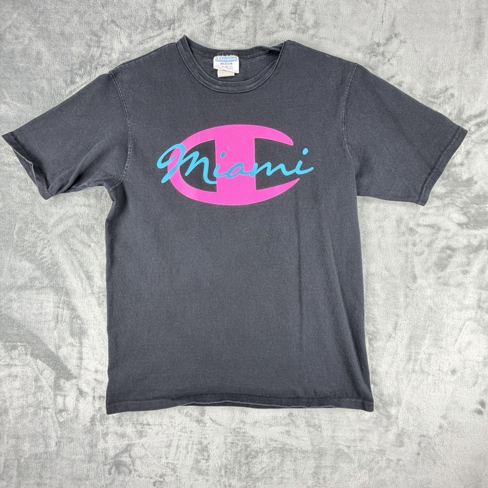 Champion Miami Men's Medium Black T-Shirt Pink Teal Spellout Logo Graphic